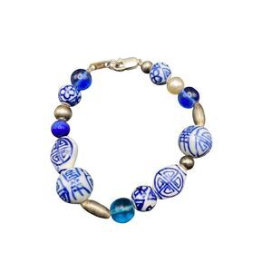 Chinese sterling silver 924  chinoiserie ceramic porcelain blue white bracelet